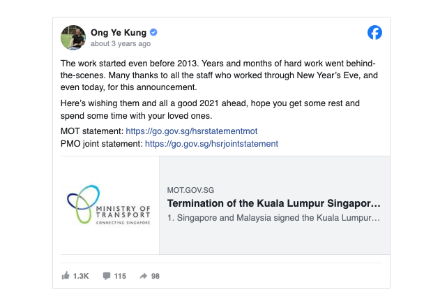 Ong Ye Kung announcing on Facebook the termination of KL-Singapore HSR